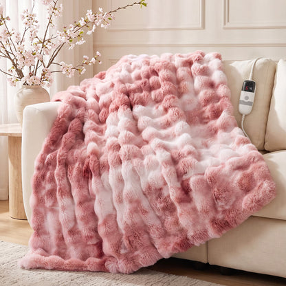 CalFancy Heated Blanket 50" x 60", Luxury Faux Fur Electric Blanket with Bubble Texture, 6 Heat Settings, 4H Timer, Machine Washable, Tie Dye Pink
