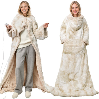 CalFancy Wearable Heated Blanket with Sleeves, Hood and Foot Pockets, 50" x 70" Faux Fur Sherpa Electric Blanket, 10 Heat Levels, 8H Timer, Fast Heating, Machine Washable, Tie-Dye Beige