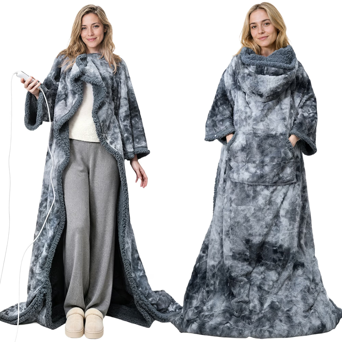 CalFancy Wearable Heated Blanket with Sleeves, Hood and Foot Pockets, 50" x 70" Faux Fur Sherpa Electric Blanket, 10 Heat Levels, 8H Timer, Fast Heating, Machine Washable, Tie-Dye Gray