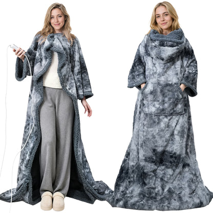 CalFancy Wearable Heated Blanket with Sleeves, Hood and Foot Pockets, 50" x 70" Faux Fur Sherpa Electric Blanket, 10 Heat Levels, 8H Timer, Fast Heating, Machine Washable, Tie-Dye Gray