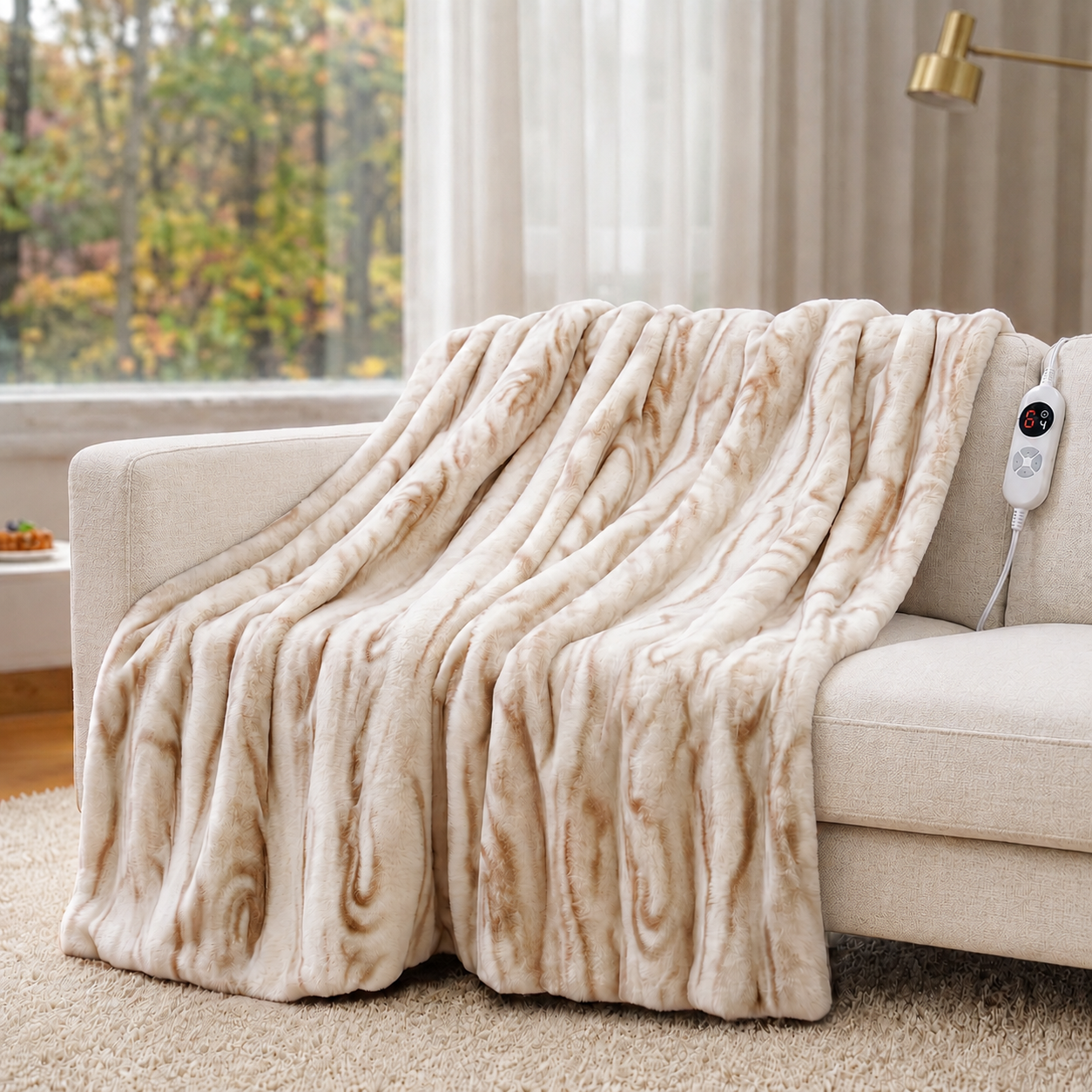 CalFancy Heated Blanket 50" x 60", Faux Fur Electric Blanket with 6 Heat Levels, 1-4 Hour Timer, OEKO-TEX Fabric, Machine Washable Cozy Blanket, Light Brown