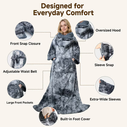 CalFancy Wearable Heated Blanket with Sleeves, Hood and Foot Pockets, 50" x 70" Faux Fur Sherpa Electric Blanket, 10 Heat Levels, 8H Timer, Fast Heating, Machine Washable, Tie-Dye Gray