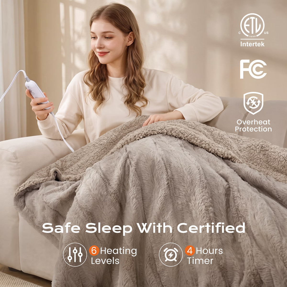 CalFancy Heated Blanket 50" x 60", Luxury Faux Fur Electric Blanket with 6 Heat Settings, 4H Timer, OEKO-TEX Fabric, Fast Heating & Machine Washable, Linen