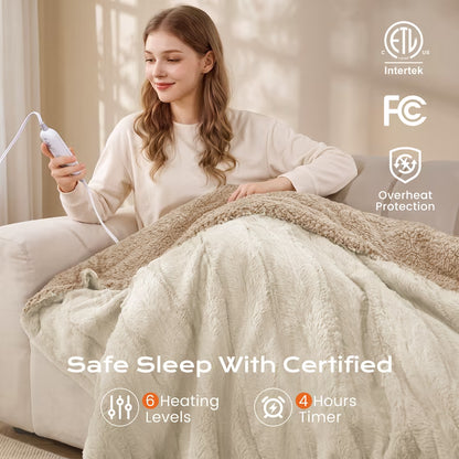CalFancy Heated Blanket 50" x 60", Luxury Faux Fur Electric Blanket with 6 Heat Settings, 4H Timer, OEKO-TEX Fabric, Fast Heating & Machine Washable, Beige
