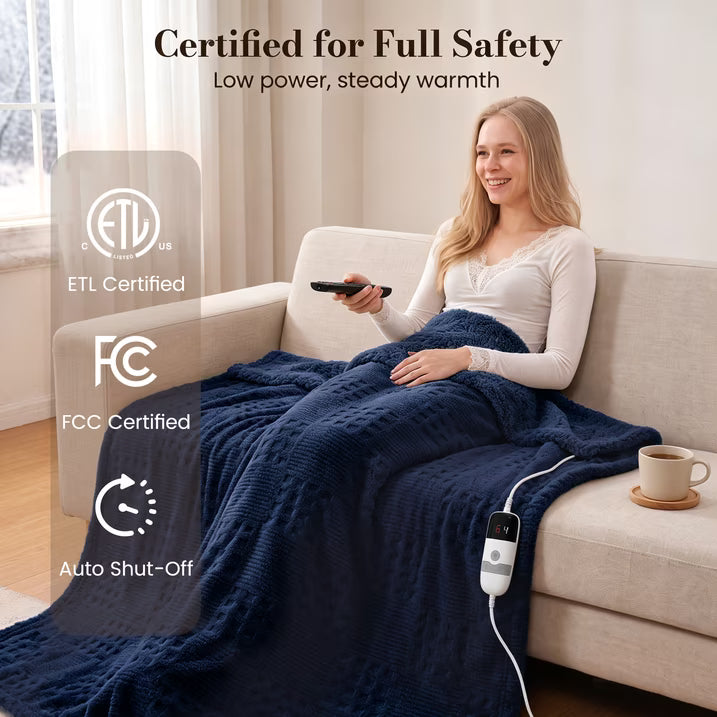 CalFancy Heated Blanket 50"x72", Oversized Electric Blanket with Ultra Soft Taffeta & Sherpa, Waffle Texture Design, 6 Heat Levels, 4H Timer, ETL&FCC Certified, OEKO-TEX Fabric, Navy Blue