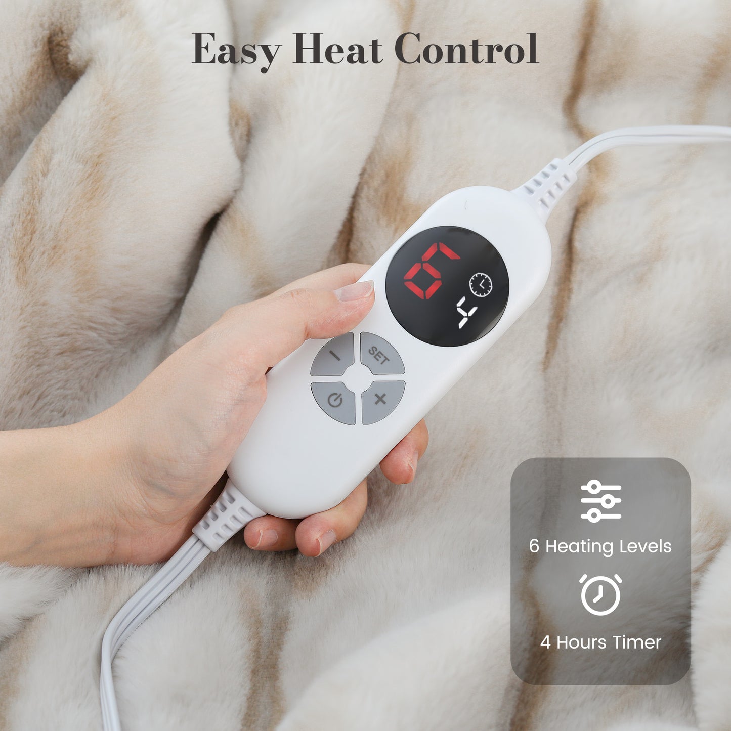 CalFancy Heated Blanket 50" x 60", Faux Fur Electric Blanket with 6 Heat Levels, 1-4 Hour Timer, OEKO-TEX Fabric, Machine Washable Cozy Blanket, Light Brown